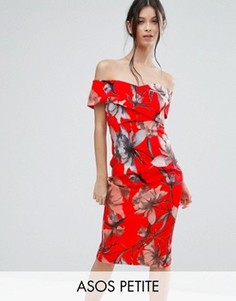 Платье-футляр миди со спущенными плечами и ярко-красным цветочным принтом ASOS PETITE - Мульти