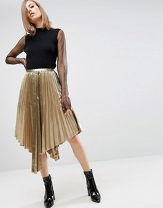 Плиссированная асимметричная юбка миди цвета металлик ASOS - Золотой