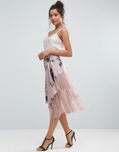 Атласная юбка с кружевом и цветочным принтом ASOS - Мульти