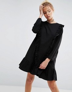 Хлопковое платье с присборенной юбкой и оборками ASOS - Черный