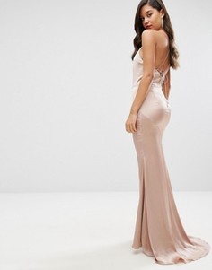 Атласное платье макси с высокой горловиной и шнуровкой сзади Jarlo - Розовый