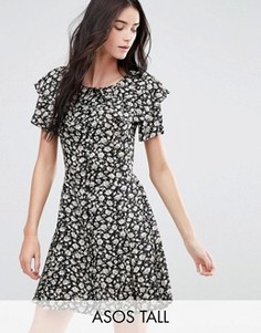Чайное платье мини с рюшами и цветочным принтом ASOS TALL - Мульти