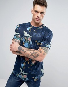 Длинная футболка с цветочным принтом и закругленным низом ASOS - Темно-синий