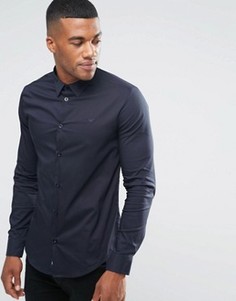 Темно-синяя стретчевая рубашка узкого кроя с логотипом Armani Jeans - Темно-синий