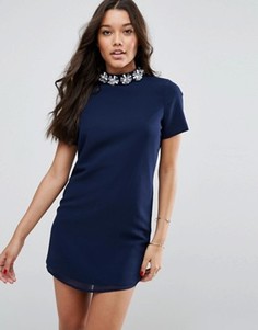 Платье с короткими рукавами и отделкой на высоком вороте ASOS - Темно-синий
