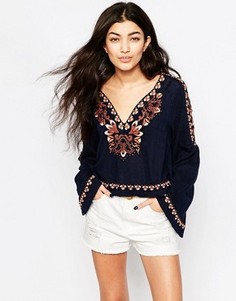 Темно-синяя блузка с вышивкой Free People High Times - Синий