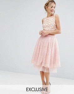 Юбка миди из тюля с кружевной накладкой Lace &amp; Beads - Розовый