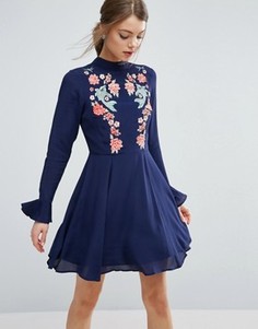 Платье мини с вышивкой и оборками на рукавах ASOS - Темно-синий