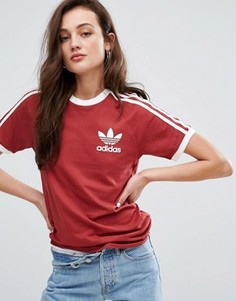 Бордовая футболка бойфренда с тремя полосками adidas Originals - Красный