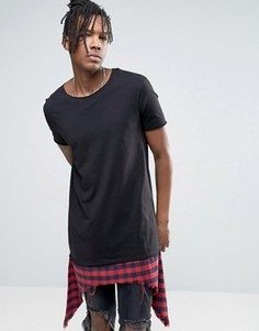 Длинная футболка с рваной вставкой в клетку на нижней кромке ASOS - Черный