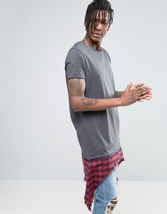 Длинная серая футболка со вставкой в клетку на нижней кромке ASOS - Черный