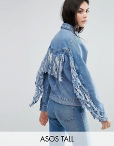 Синяя выбеленная джинсовая куртка с бахромой на спине ASOS TALL - Синий