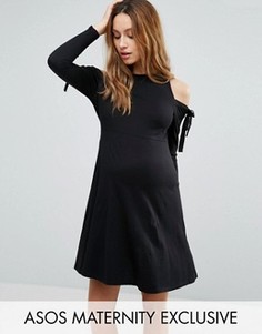 Платье с открытыми плечами, завязками и длинными рукавами ASOS Maternity - Черный