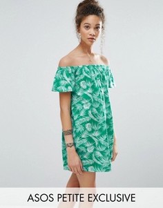 Платье с открытыми плечами и пальмовым принтом ASOS PETITE - Мульти