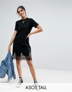 Платье-футболка с кружевной отделкой ASOS TALL - Черный