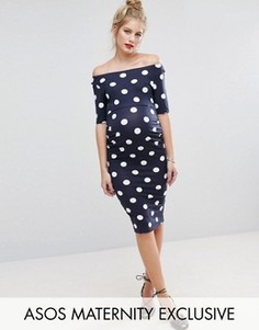Платье в горошек с вырезом лодочкой и рукавами до локтя ASOS Maternity - Темно-синий