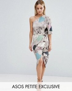Платье миди с драпировкой и размытым мраморным принтом ASOS PETITE - Мульти