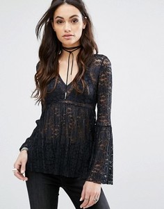 Кружевной топ с расклешенными рукавами Boohoo - Черный