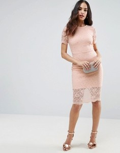 Облегающее платье миди с кружевом с фигурным краем ASOS - Бежевый