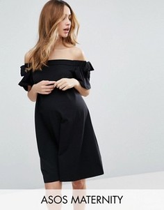 Платье с открытыми плечами и бантиками на рукавах ASOS Maternity - Черный