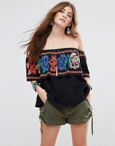 Топ с открытыми плечами и вышивкой Free People - Синий