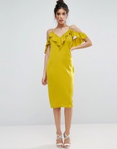 Атласное платье миди с оборкой ASOS - Желтый