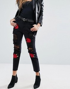 Джинсы в винтажном стиле с вышитыми розами Missguided Riot - Черный