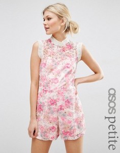 Нарядный кружевной ромпер с высоким воротом и принтом ASOS PETITE - Мульти