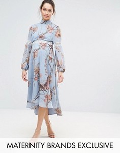 Платье миди с кружевными вставками и принтом птиц Hope &amp; Ivy Maternity - Синий