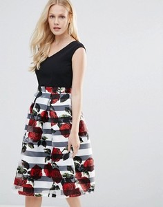 Платье 2-в-1 с принтом полосок и роз на юбке из органзы Closet - Мульти