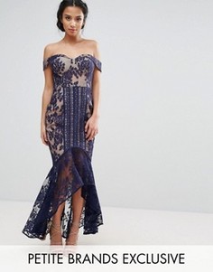 Кружевное платье с открытыми плечами и асимметричным подолом Jarlo Petite - Темно-синий