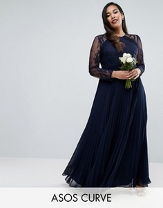 Плиссированное платье макси с кружевом ASOS CURVE WEDDING - Темно-синий