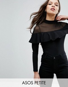 Топ с сеточкой и оборкой ASOS PETITE - Черный