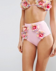 Плавки-бикини с завышенной талией и 3D цветами ASOS Premium - Розовый
