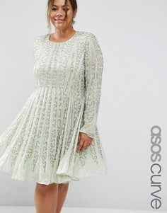Короткое приталенное платье с отделкой из бисера и длинными рукавами ASOS CURVE - Зеленый