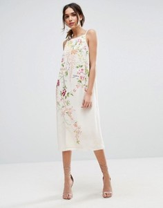 Платье-комбинация миди с вышивкой ASOS - Бежевый