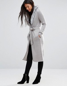 Пальто-кардиган с отделкой искусственным мехом QED London - Серый