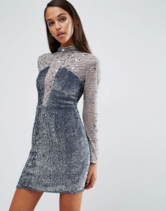 Платье мини с высоким воротом и блестящей отделкой ASOS NIGHT - Серебряный