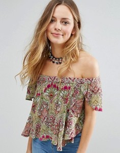 Raga Desert Flower Printed Bardot Crop Top - Зеленый