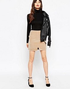 Мини-юбка с эффектом ворса пони и вырезом ASOS - Кремовый