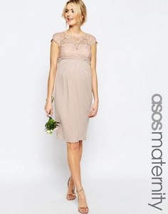 Платье миди с кружевным лифом и драпировкой на поясе ASOS Maternity WEDDING - Розовый