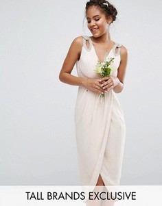 Платье миди с запахом и отделкой TFNC Tall WEDDING - Розовый