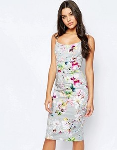 Серое платье-футляр миди с цветочным принтом ASOS Hitchcock - Мульти