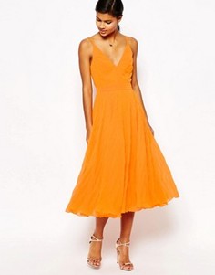 Плиссированное платье миди на тонких бретельках ASOS - Оранжевый