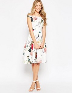 Платье миди для выпускного с цветочным принтом и открытыми плечами ASOS - Мульти