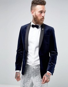 Темно-синий бархатный блейзер зауженного кроя ASOS - Темно-синий