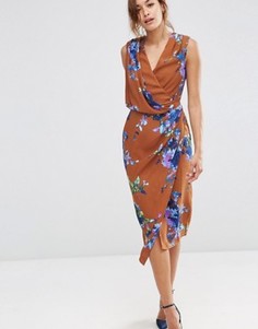 Коричневое платье миди с цветочным принтом и драпировкой спереди ASOS - Мульти