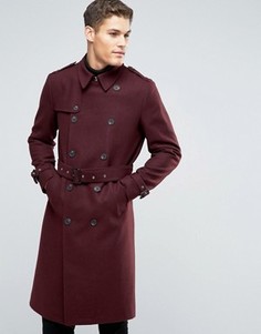 Бордовое двубортное пальто с добавлением шерсти с поясом ASOS - Красный