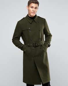 Двубортное пальто хаки с добавлением шерсти с поясом ASOS - Зеленый