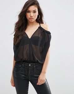 Боди из смешанной ткани с открытыми плечами и оборками ASOS - Черный